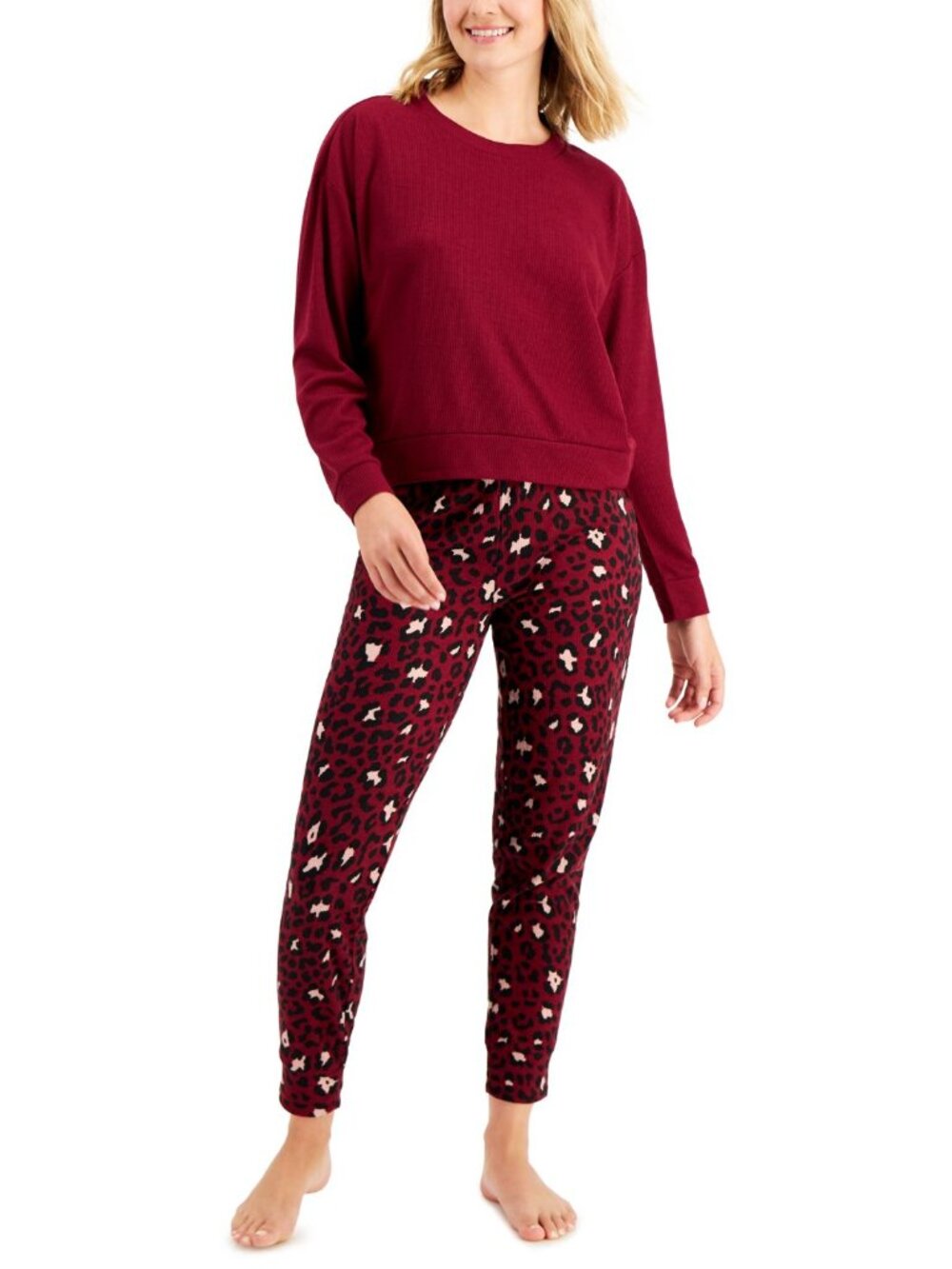 Jenni Womens Long Sleeve Waffle Pajama Top and Jogger Set